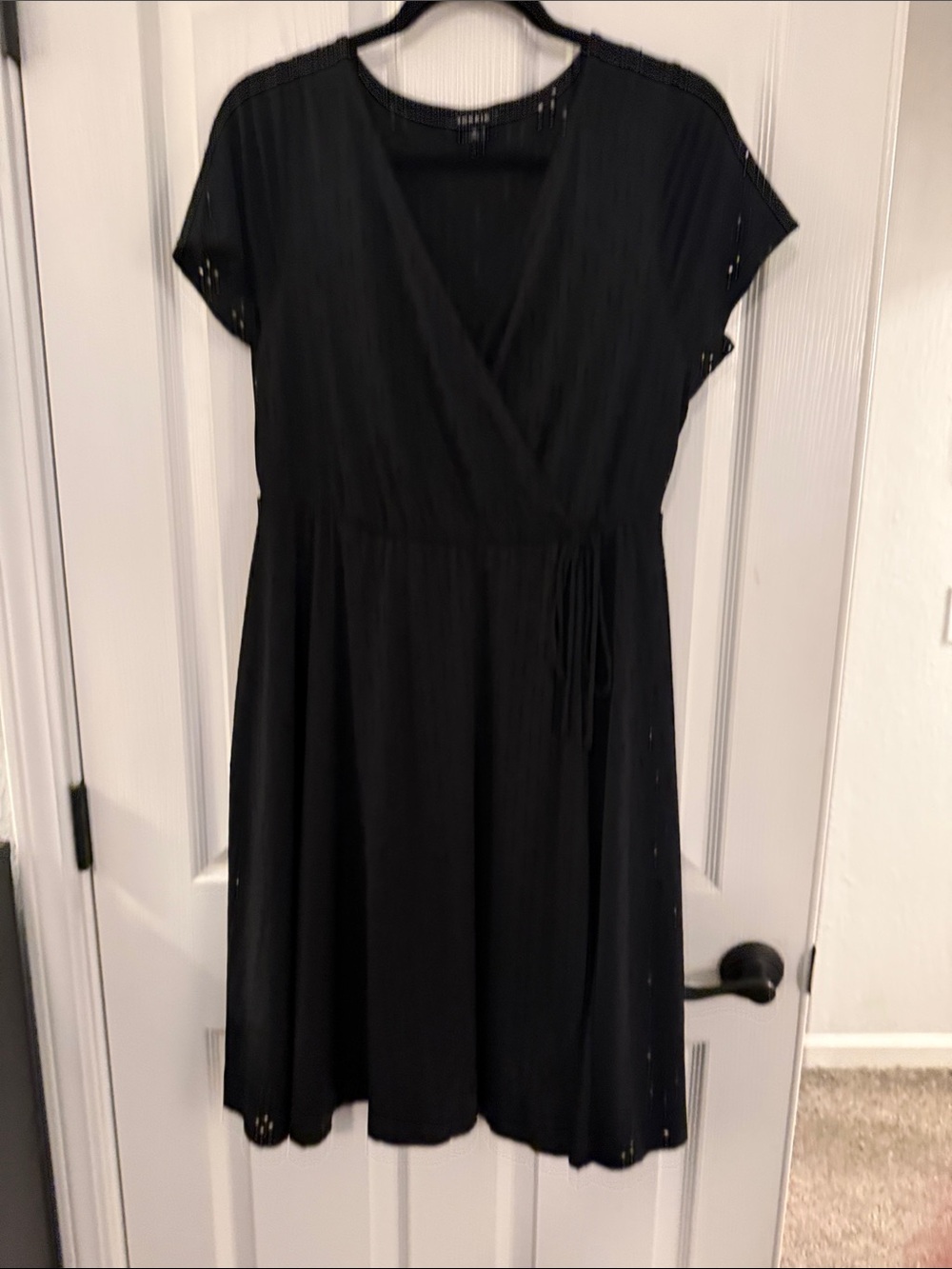 Torrid Black Eyelet Faux Wrap stretch midi short sleeve dress.